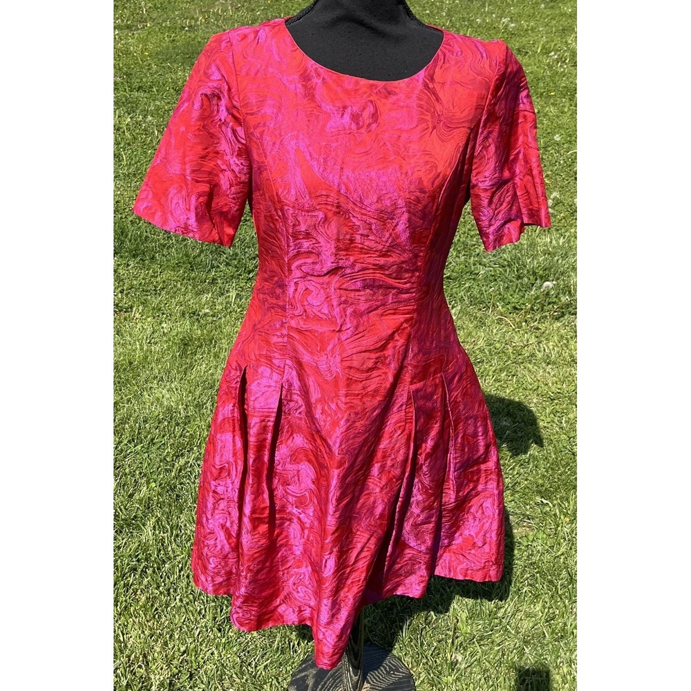 Bigio Collection Dress Womens 4 Red Fuchsia Metallic Jacquard Fit & Flare Short - Picture 6 of 16